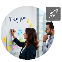 Two executives mapping out a 90-day AI activation plan on a whiteboard